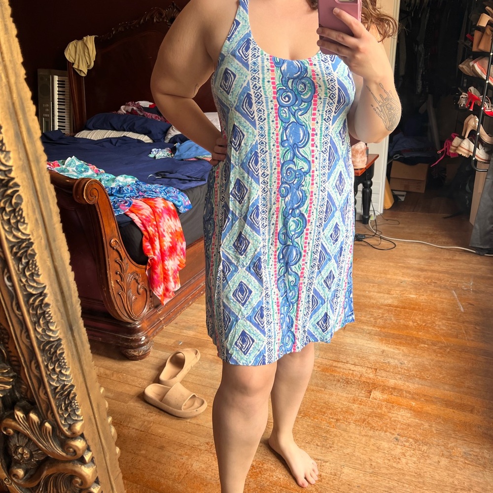 Lilly Pulitzer Lydia Dress Bay Blue Macrame Razorback Shelf Bra Dress M EUC